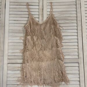 Chic Fringe Dress in Beige & Gold